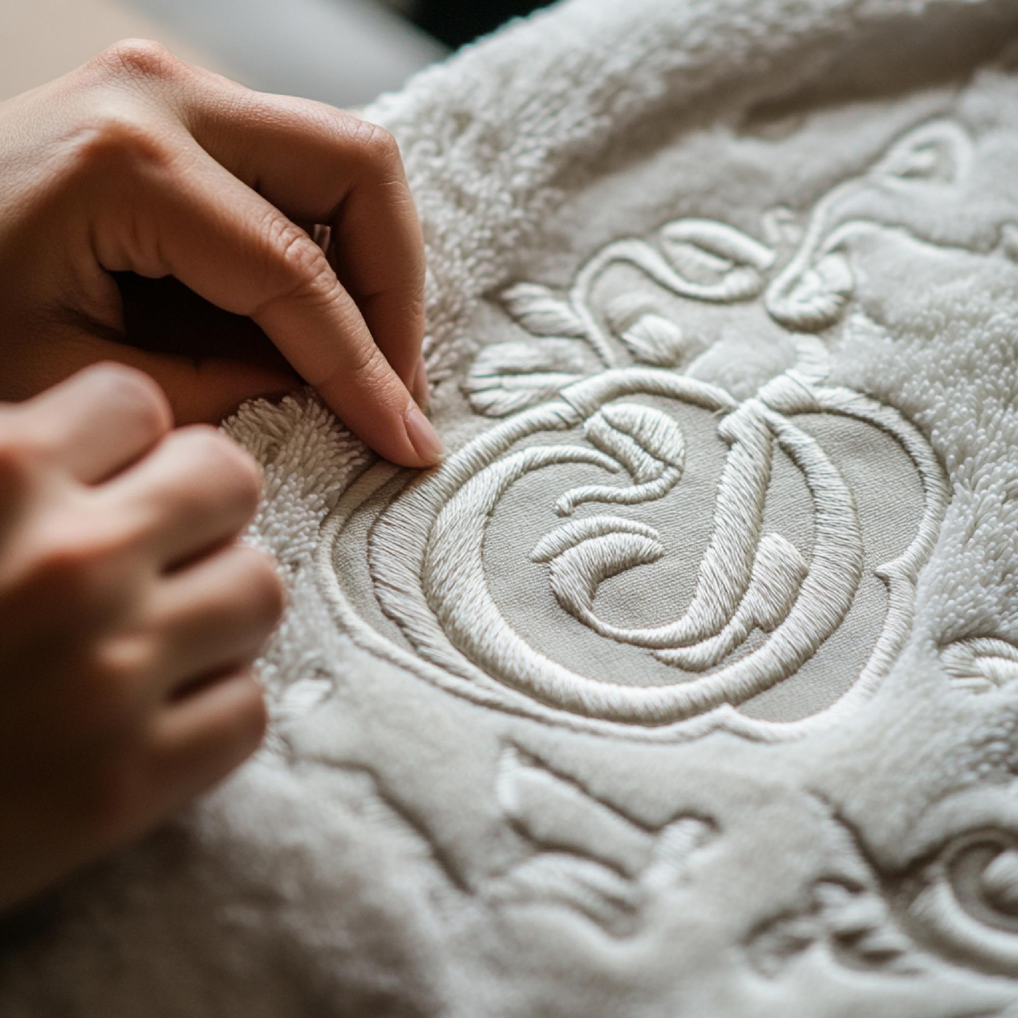 Haftowany monogram na lnianej tkaninie
